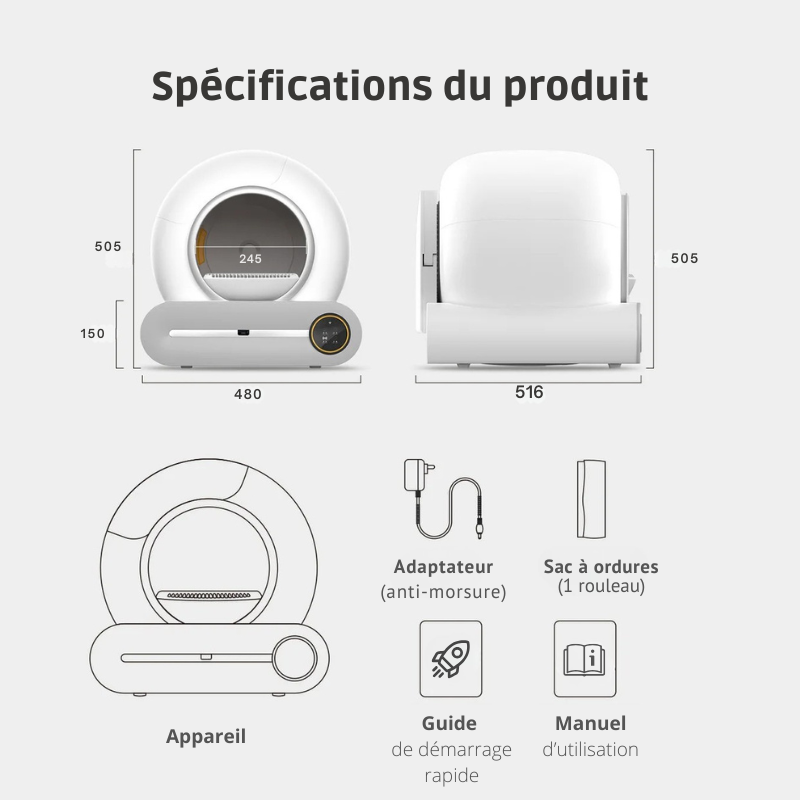 Bac à litière automatique intelligent pour chat, 65L