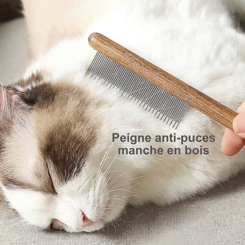Peigne annti-puces et anti-noeuds pour chat en acier inoxydable, manche en bois