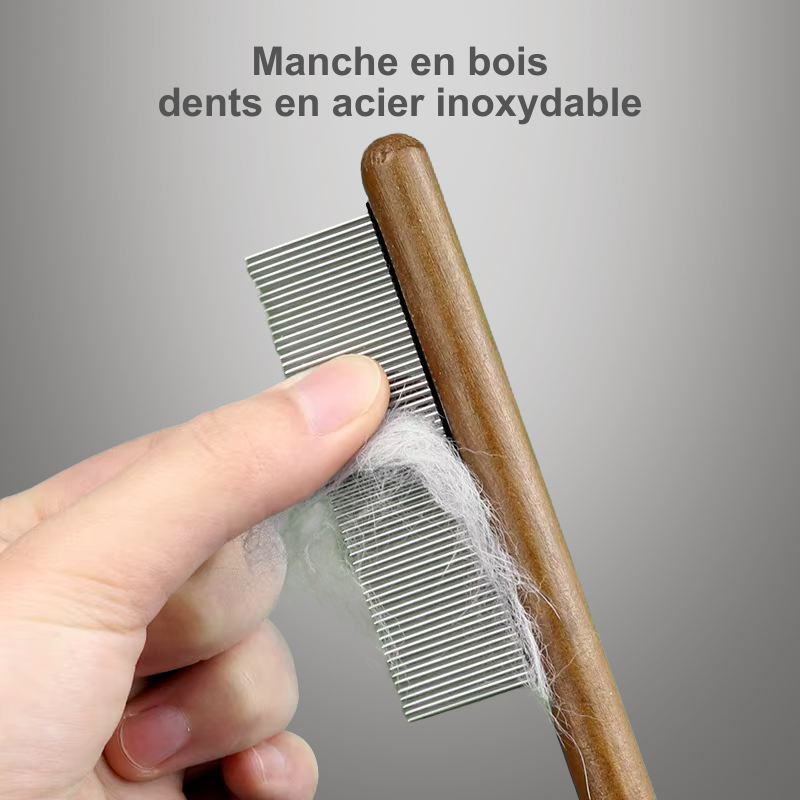 Peigne annti-puces et anti-noeuds pour chat en acier inoxydable, manche en bois