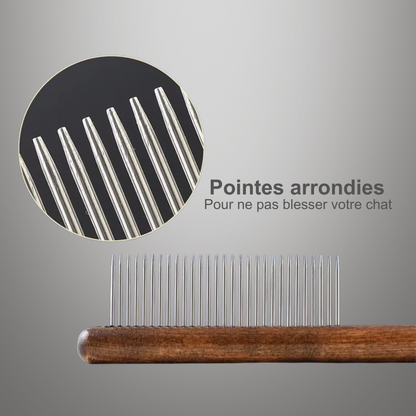Peigne annti-puces et anti-noeuds pour chat en acier inoxydable, manche en bois