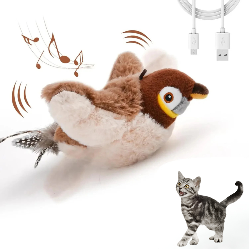Oiseau-jouet interactif pour chat : battement d’ailes, sons d’oiseau et éveil de l’instinct chasseur