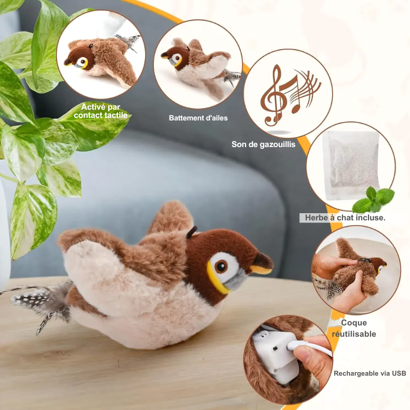 Oiseau-jouet interactif pour chat : battement d’ailes, sons d’oiseau et éveil de l’instinct chasseur